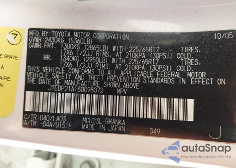 2006 Toyota Highlander Limited V6 из США, поврежденный, VIN JTEDP21A160098072